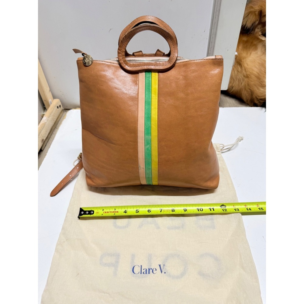 Clare V Simple Backpack Tan Leather Racing Stripe Green Yellow Pink Handbag